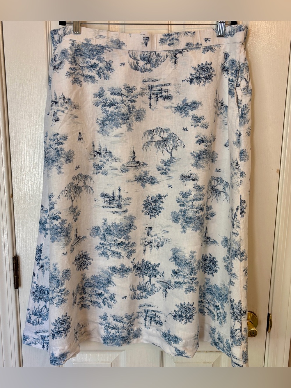 Blue & White Toile A-Line 100% Linen Maxi Skirt with Elastic Waist ~ Women’s XL